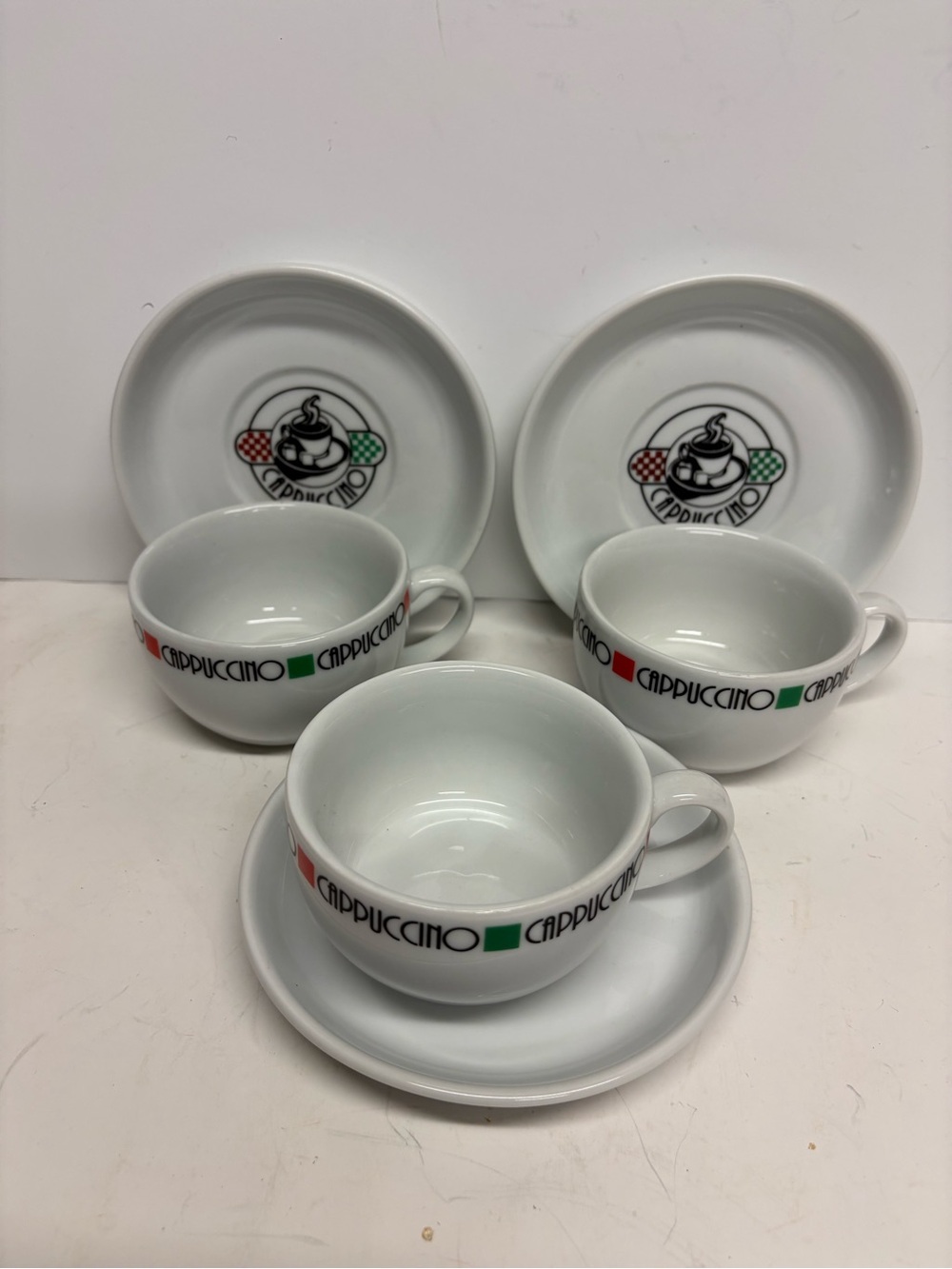 Cappuccino Espresso Cups with Saucers - White with Red & Green Accents Set of 3 - Picture 12 of 12